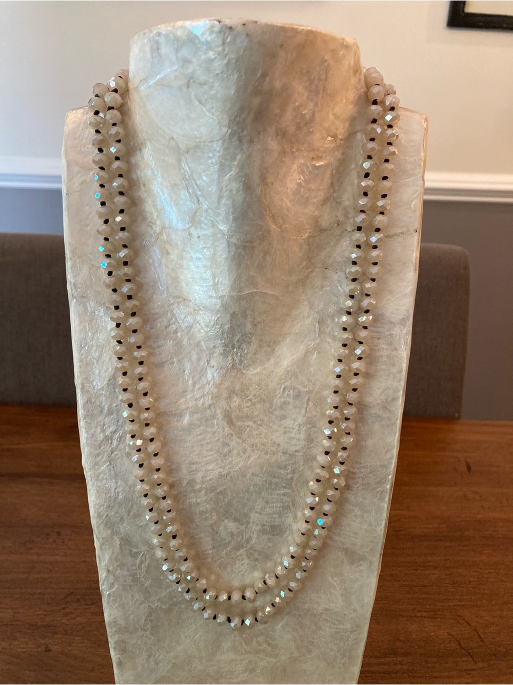 Long Iridescent grayish Cream 56” knotted Beaded Necklace -